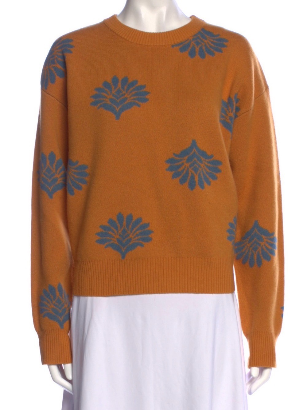 RHODE Printed Crew Neck Sweater Mustard Yellow Floral Knit Cozy Pullover Size Sm